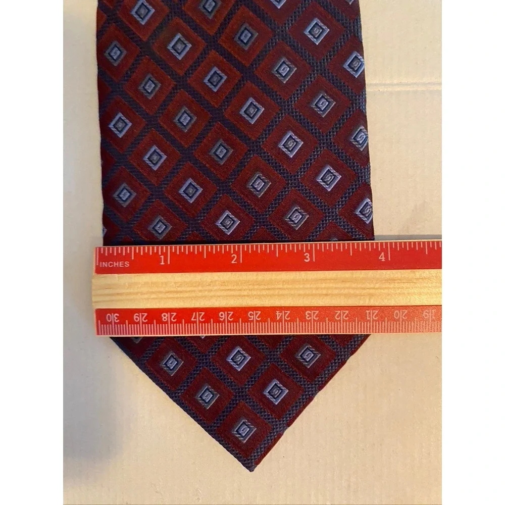 Joseph & Feiss International Silk Tie Burgundy Blue Geometric Diamond Pattern